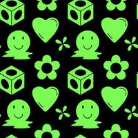 Seamless pattern with retro futuristic acid objects. Vector illustration of smile faces, flowers, hearts and 3d cubes. Rave background design for posters.