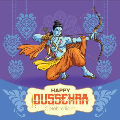 Ram Aiming with bow and arrow in Dussehra Greetings