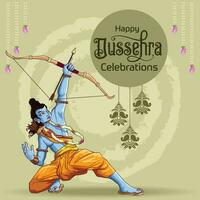 Dussehra Greetings of Lord Ram aiming to destroy Bad with bow and arrow vector