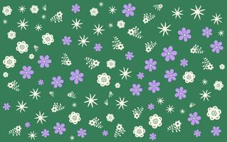 a green background with purple flowers and stars vector