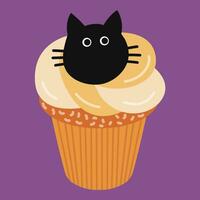 Happy Halloween cupcake with black cat vector illustration