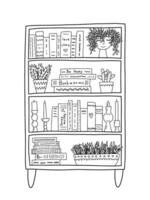 Hand drawn doodle bookshelf isolated. Vector bookshelf sketch with books and home decor