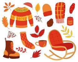 Autumn cozy clip art vector set.  Rocking chair, sweater, boot, hat, scarf, sock, tea cup, candle, autumn leaves