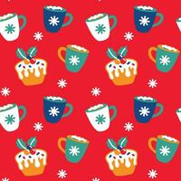 Cute Christmas cups with cocoa and marshmallows. Seamless pattern. Vector. vector