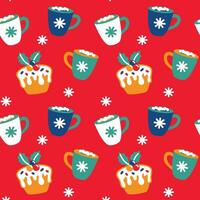 Cute Christmas cups with cocoa and marshmallows. Seamless pattern. Vector. vector