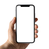 Man hand holding the smartphone with blank screen mockup, Cutout, AI-Generated png