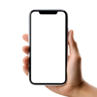 Woman hand holding the smartphone with blank screen mockup, Cutout, AI-Generated png