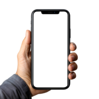 Man hand holding the smartphone with blank screen mockup, Cutout, AI-Generated png