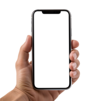 Man hand holding the smartphone with blank screen mockup, Cutout, AI-Generated png