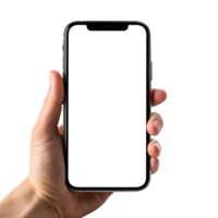 femme main en portant le téléphone intelligent avec Vide écran maquette, découper, généré par ai png