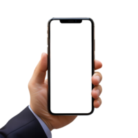 Mens hand- Holding de smartphone met blanco scherm model, uitknippen, ai-gegenereerd png