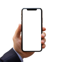 Man hand holding the smartphone with blank screen mockup, Cutout, AI-Generated png