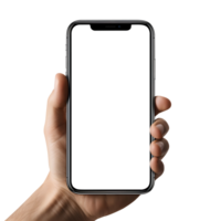 Man hand holding the smartphone with blank screen mockup, Cutout, AI-Generated png