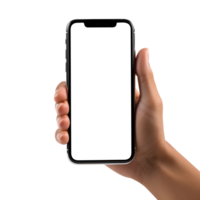 Woman hand holding the smartphone with blank screen mockup, Cutout, AI-Generated png