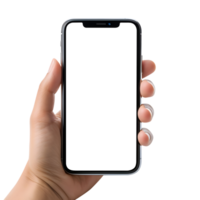 Woman hand holding the smartphone with blank screen mockup, Cutout, AI-Generated png