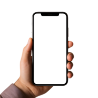 Man hand holding the smartphone with blank screen mockup, Cutout, AI-Generated png