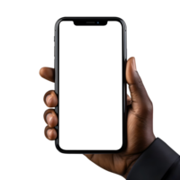 Man hand holding the smartphone with blank screen mockup, Cutout, AI-Generated png