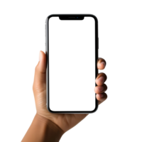 Woman hand holding the smartphone with blank screen mockup, Cutout, AI-Generated png