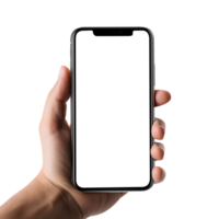 Mann Hand halten das Smartphone mit leer Bildschirm Attrappe, Lehrmodell, Simulation, ausgeschnitten, KI-generiert png