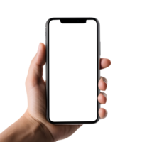 Man hand holding the smartphone with blank screen mockup, Cutout, AI-Generated png