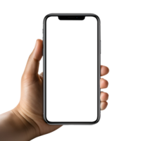 Man hand holding the smartphone with blank screen mockup, Cutout, AI-Generated png