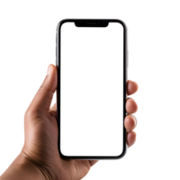 Man hand holding the smartphone with blank screen mockup, Cutout, AI-Generated png