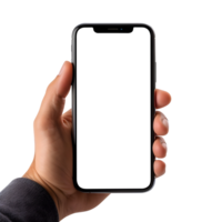 Mann Hand halten das Smartphone mit leer Bildschirm Attrappe, Lehrmodell, Simulation, ausgeschnitten, KI-generiert png