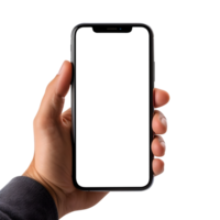 Man hand holding the smartphone with blank screen mockup, Cutout, AI-Generated png