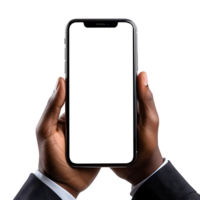 Man hand holding the smartphone with blank screen mockup, Cutout, AI-Generated png