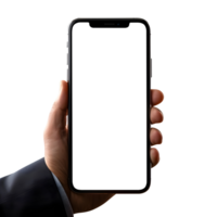 Man hand holding the smartphone with blank screen mockup, Cutout, AI-Generated png