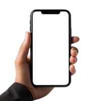 Man hand holding the smartphone with blank screen mockup, Cutout, AI-Generated png