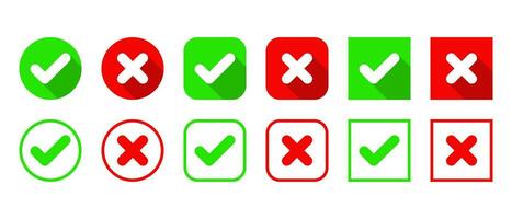 Checkmark and cross icon vector set collection. Check, tick, and x mark sign symbol