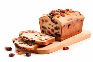 delicious baked dried fruit cake bread sliced isolated on white ai generative photo