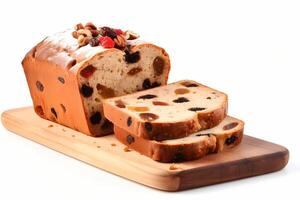 delicious baked dried fruit cake bread sliced isolated on white ai generative photo