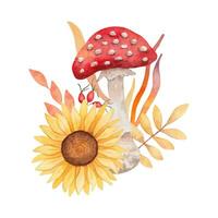 Composition of fly agaric with sunflower, rose hips and leaves. Clipart for seasonal holidays. Thanksgiving Day. Botanical watercolor forest illustration for design, print. Hand drawn isolated art vector