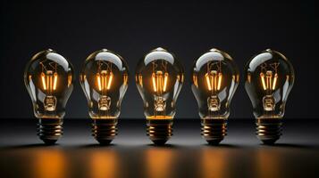 A series of electric light bulbs against a dark background. The concept of several attempts, one successful. A successful idea. ai generative photo
