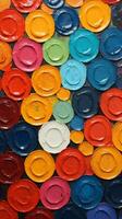 Colorful plastic buttons as a background, closeup of photo. AI Generated. photo