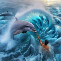 Aqua Symphony, Ethereal Dolphins Mastering Liquid Harmonies. AI Generated photo