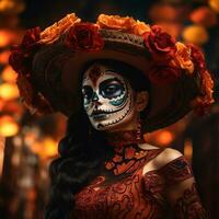 dia Delaware los muertos atuendo mexicano dia Delaware muertos día de el muerto acuarela patrón, ai generado foto