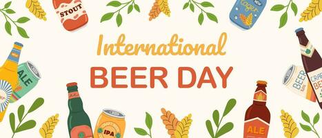 Banner for International Beer Day. Beer day celebration template. Background with various green, brown, yellow glass beer bottles. Vector illustration.