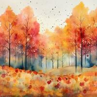 Watercolor autumn landscape, watercolor painting, leaf fall. Generative AI photo