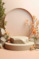 Empty podium made of pastel beige pink stone. Scene, stand with flowers. Generative AI photo