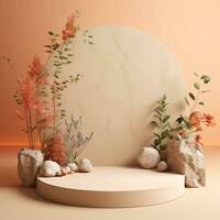 Empty podium made of pastel beige pink stone. Scene, stand with flowers. Generative AI photo