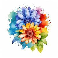 Watercolor flower bouquet, bright rainbow illustration on a white background. Generative AI photo