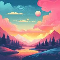 Bright abstract landscape in rainbow colors in flat style, mountains, clouds. Generative AI photo