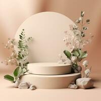 Empty podium made of pastel beige pink stone. Scene, stand with flowers. Generative AI photo