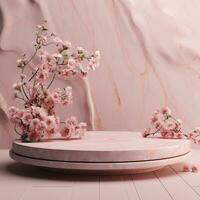 Pink marble podium with flowers. Generative AI photo
