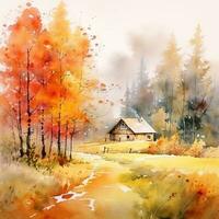 Watercolor autumn landscape, watercolor painting, leaf fall. Generative AI photo