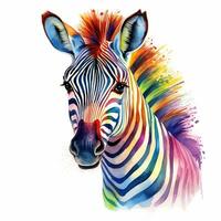 Colorful zebra image, watercolor illustration isolated on white background. Generative AI photo