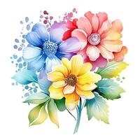 Watercolor flower bouquet, bright rainbow illustration on a white background. Generative AI photo